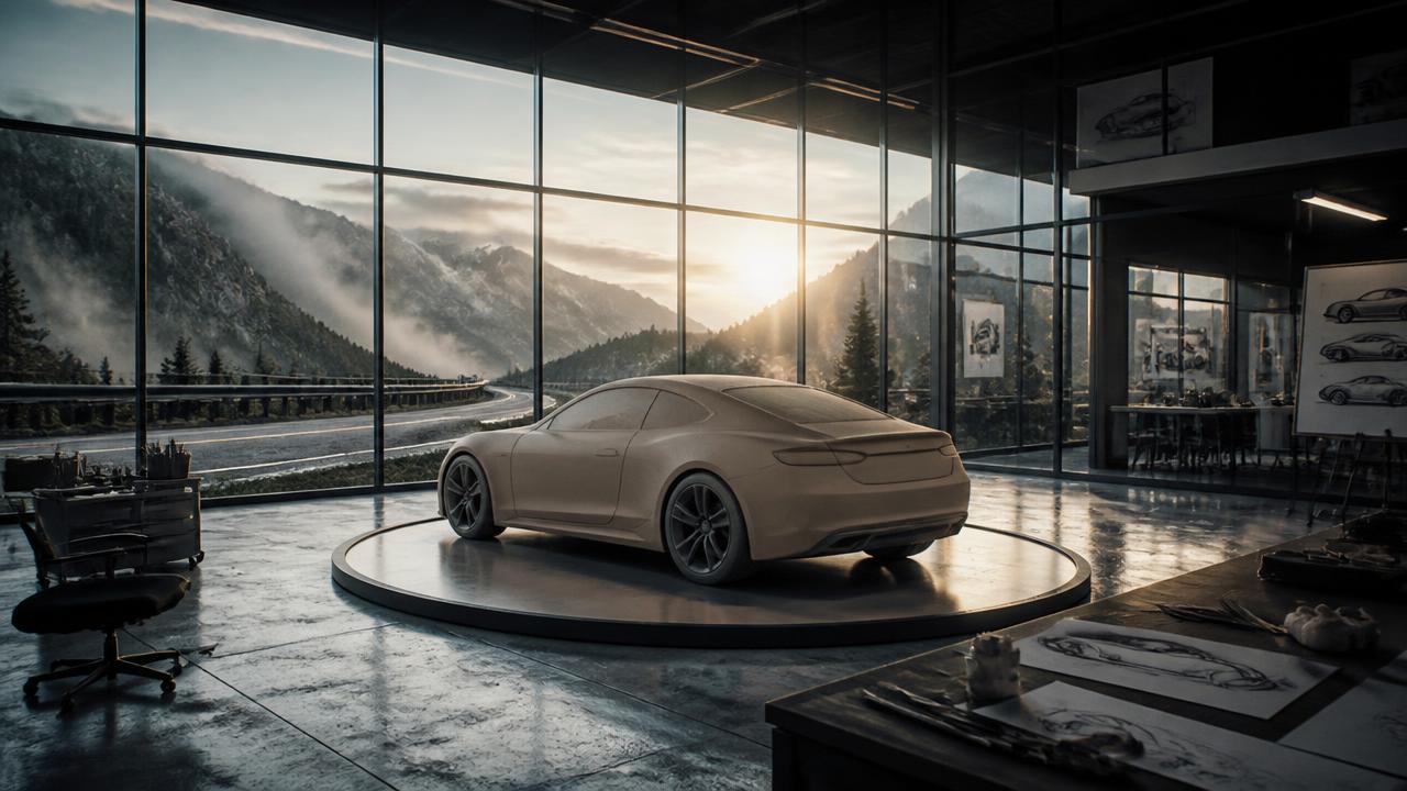 Cinematic automotive design studio with clay concept car and mountain road view at dawn
