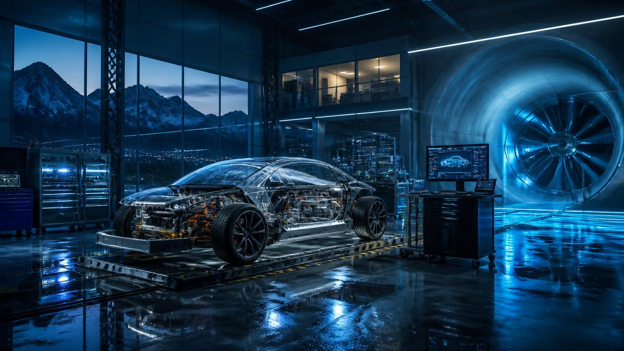 Cinematic automotive engineering facility with prototype vehicle and wind tunnel at dusk