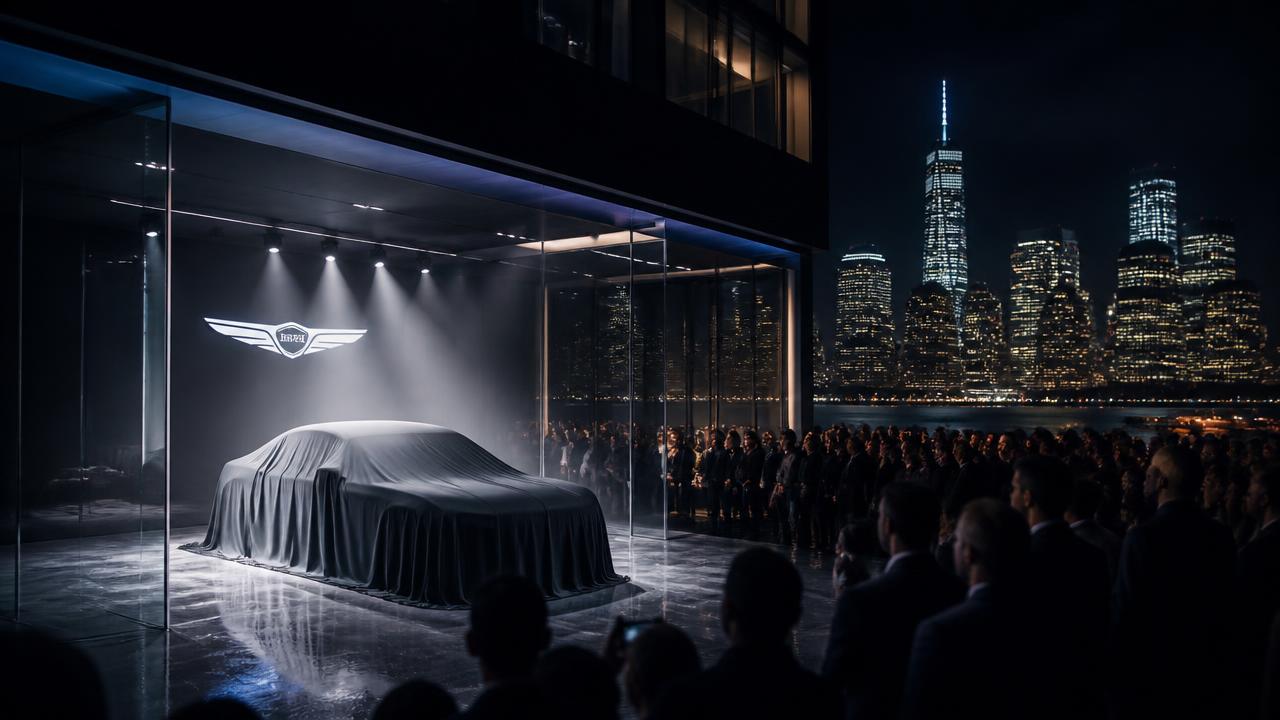 Cinematic vehicle reveal event in a modern showroom with city skyline at night