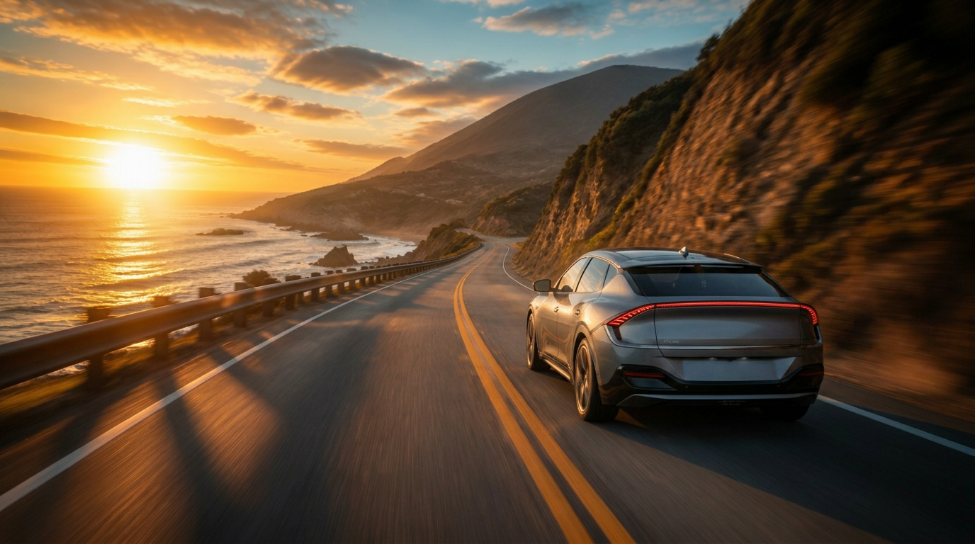 Cinematic modern car driving on a coastal highway at golden hour
