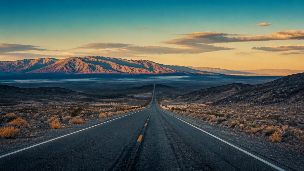 Cinematic desert highway stretching toward distant mountains at golden hour
