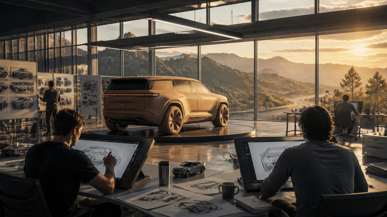 Cinematic automotive design studio with designers sketching concepts and a clay model at golden hour
