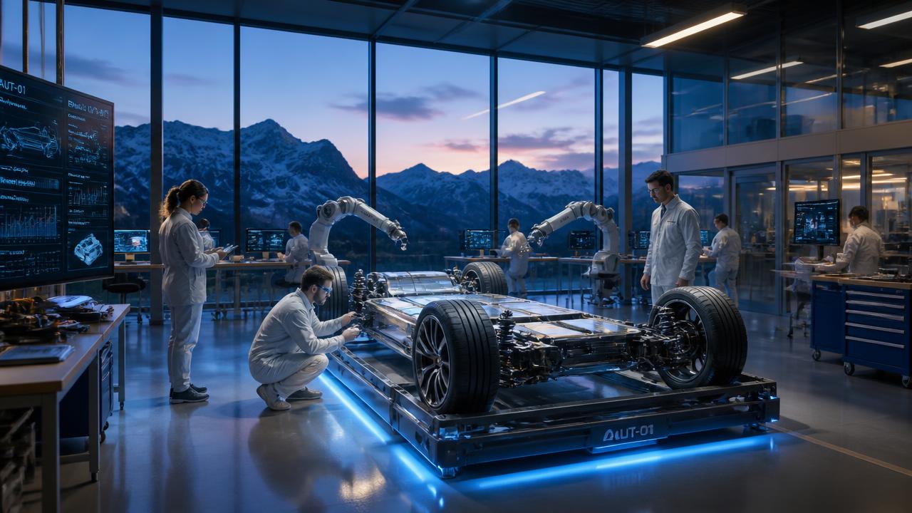 Cinematic automotive engineering lab with engineers and robotic arms around a prototype chassis at dusk