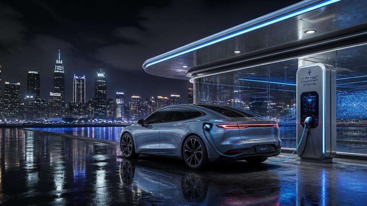 Cinematic electric vehicle charging at a futuristic station with city skyline at night