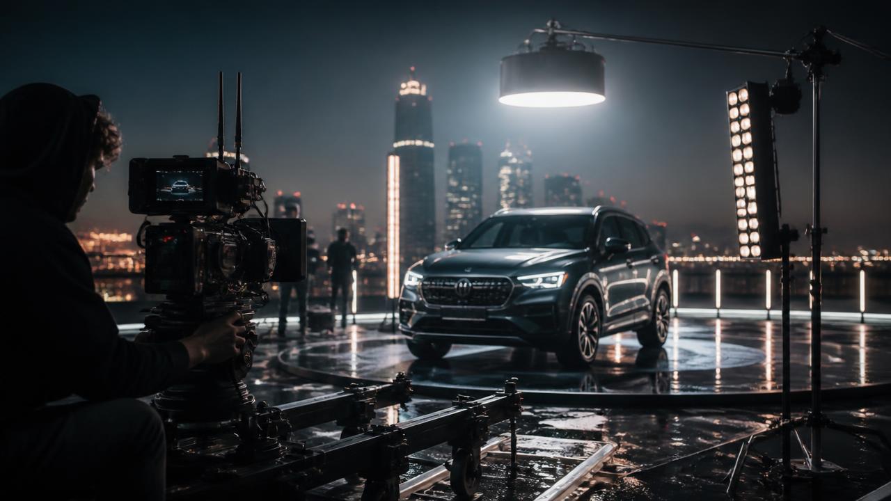 Cinematic automotive brand film production set with a premium vehicle on a reflective stage at night