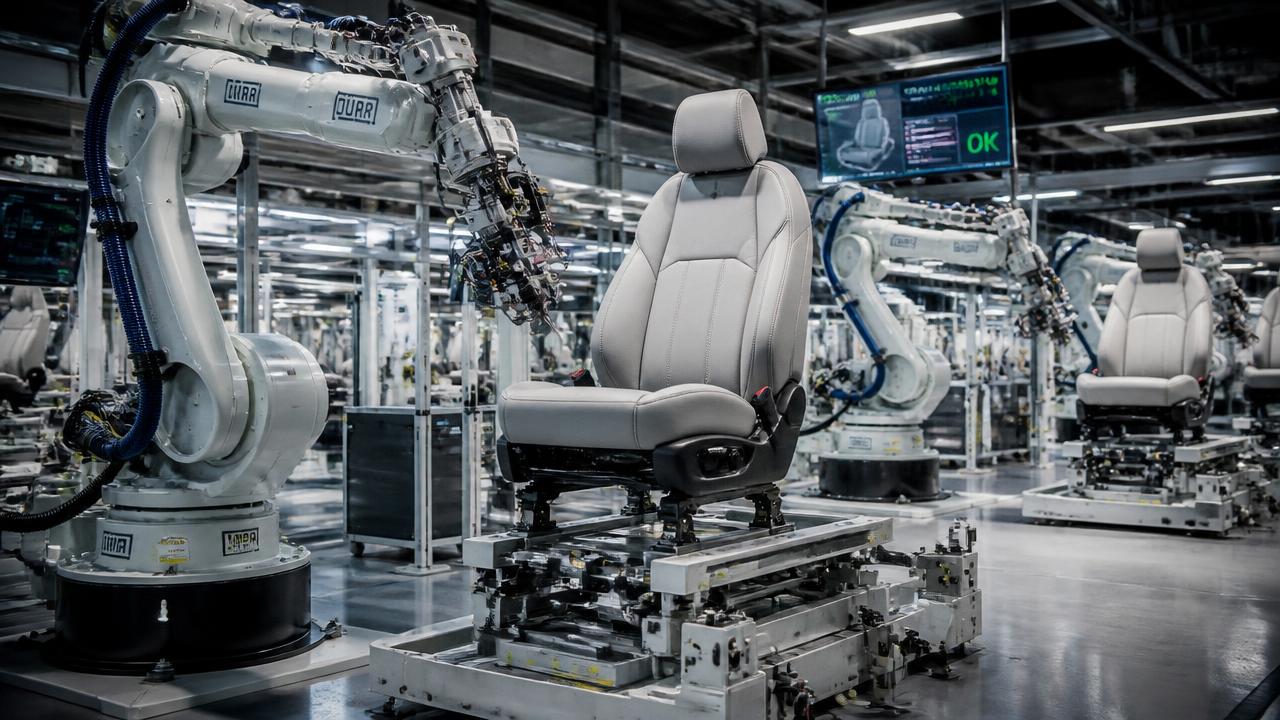 Cinematic Tier 1 supplier manufacturing floor with robotic arms assembling premium automotive seats